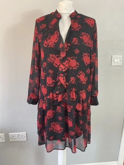 Zara black red floral print frill ruffle detail short dress M UK 10 12 - Picture 2 of 8